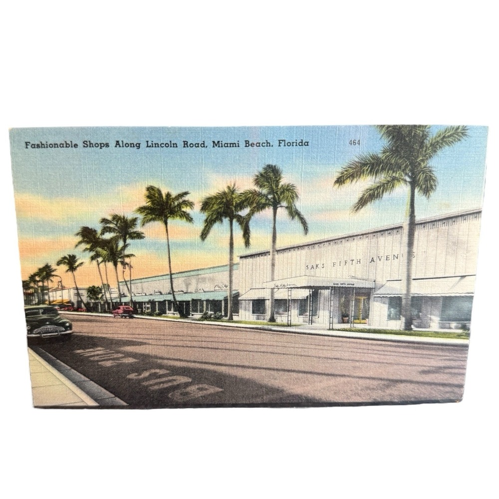 Vintage Linen Postcard Miami Beach Florida Palm‎ Trees Saks Fifth Ave Shopping